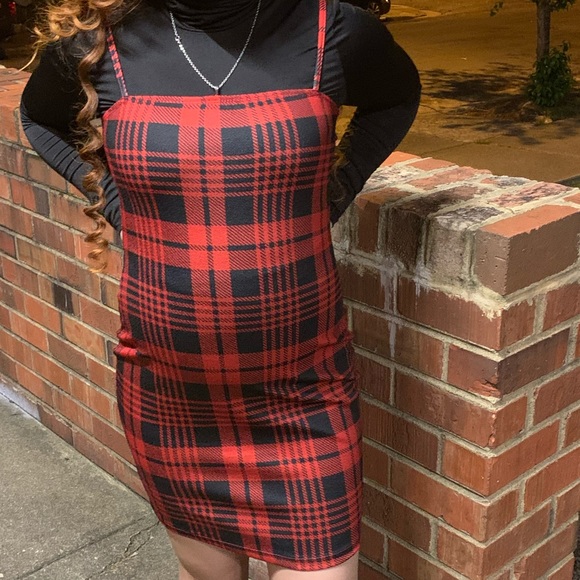 SHEIN Dresses & Skirts - red & black plaid dress sz medium body con!